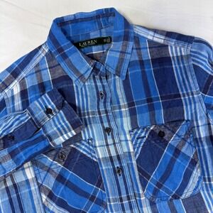 Lauren Ralph Lauren Shirt Womens XS Blue Plaid 100% Linen Roll Tab 2 Pockets